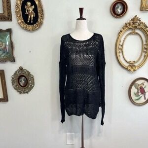 Free People Black Open-Knit Mesh Sweater Long Sleeve
